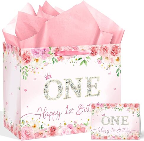 Pink Floral 13th Birthday Gift Bag for Girls Large Elegant Happy 13th Birthday Bag with 3 Tissue Paper and 1 Greeting Card Included, 13’’ Reusable Rose Gift Bag for Teen Girl, Daughter, or Friend in Saudi Arabia