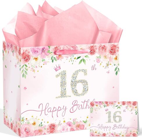 Pink Floral 13th Birthday Gift Bag for Girls Large Elegant Happy 13th Birthday Bag with 3 Tissue Paper and 1 Greeting Card Included, 13’’ Reusable Rose Gift Bag for Teen Girl, Daughter, or Friend in Kuwait