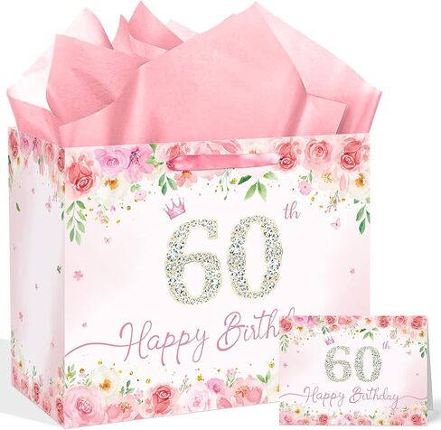 Pink Floral 13th Birthday Gift Bag for Girls Large Elegant Happy 13th Birthday Bag with 3 Tissue Paper and 1 Greeting Card Included, 13’’ Reusable Rose Gift Bag for Teen Girl, Daughter, or Friend in Kuwait