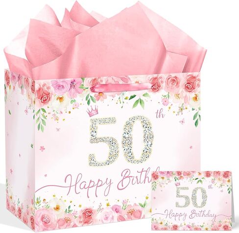 Pink Floral 13th Birthday Gift Bag for Girls Large Elegant Happy 13th Birthday Bag with 3 Tissue Paper and 1 Greeting Card Included, 13’’ Reusable Rose Gift Bag for Teen Girl, Daughter, or Friend in Kuwait