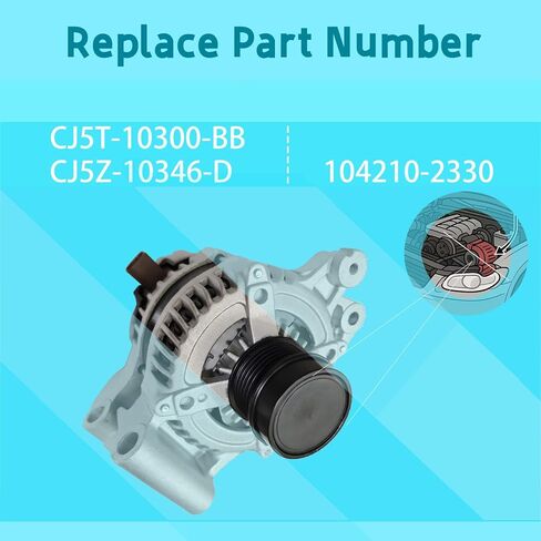 Alternator Compatible with Ford Escape L4 1.5L (not 2.0l) 2017-2019,Escape L4 1.6L (not 2.0l) 2013-2016, 12V 150Amp CW 6-Groove 1 pin Replacement # 104210-2330, CJ5T-10300-BB, CJ5Z-10346-D in Kuwait