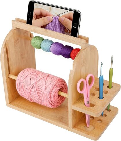 Durable Wooden Yarn Holder for Crocheting and Knitting with Built-in Phone Stand Crochet Kits for Beginners Yarn Storage Accessories Organizer Gifts for Crocheters with Dual Rods and Tool Holder in Kuwait
