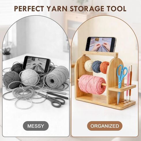 Durable Wooden Yarn Holder for Crocheting and Knitting with Built-in Phone Stand Crochet Kits for Beginners Yarn Storage Accessories Organizer Gifts for Crocheters with Dual Rods and Tool Holder in Kuwait