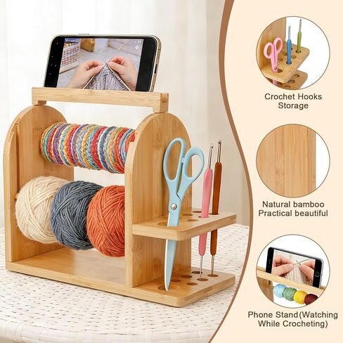 Durable Wooden Yarn Holder for Crocheting and Knitting with Built-in Phone Stand Crochet Kits for Beginners Yarn Storage Accessories Organizer Gifts for Crocheters with Dual Rods and Tool Holder in Kuwait
