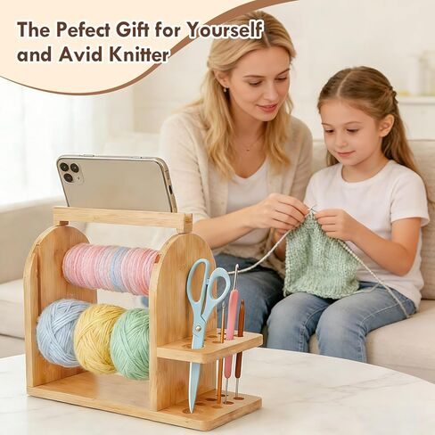 Durable Wooden Yarn Holder for Crocheting and Knitting with Built-in Phone Stand Crochet Kits for Beginners Yarn Storage Accessories Organizer Gifts for Crocheters with Dual Rods and Tool Holder in Kuwait