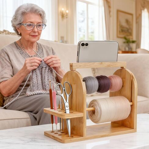 Durable Wooden Yarn Holder for Crocheting and Knitting with Built-in Phone Stand Crochet Kits for Beginners Yarn Storage Accessories Organizer Gifts for Crocheters with Dual Rods and Tool Holder in Kuwait