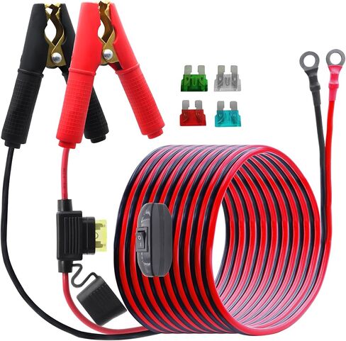 مشبك تمساح البطارية إلى سلك تسخير طرفي حلقي مع مفتاح، 14AWG 12 فولت - 24 فولت كابل قافز معزز لمشابك التمساح مع مصهر 20 أمبير، للسيارة، جزازات العشب، عاكس، 3M in Kuwait