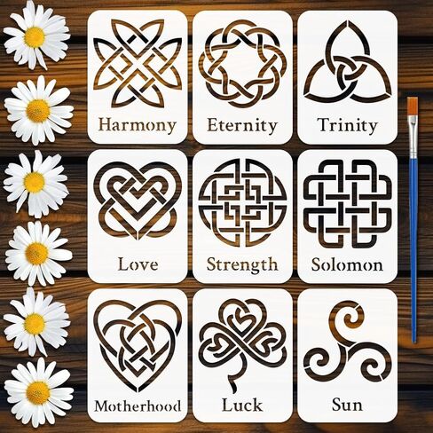 FINGERINSPIRE 9PCS Celtic Symbols Stencils 5.9x7.9inch with a Brush Celtic Knot Pattern Definition Words Stencils Reusable Triquetra Drawing Template for DIY Painting Wall Art and Home Decoration in Kuwait