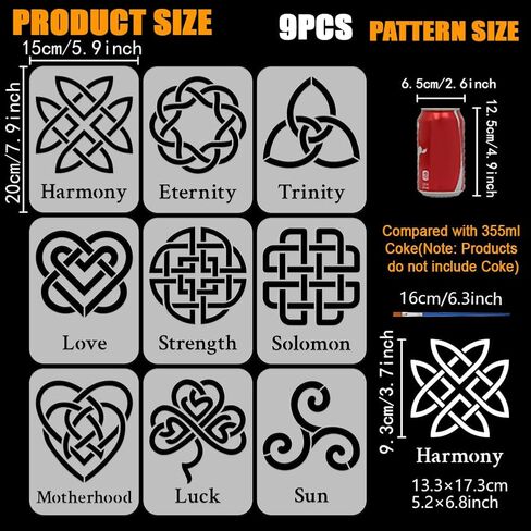 FINGERINSPIRE 9PCS Celtic Symbols Stencils 5.9x7.9inch with a Brush Celtic Knot Pattern Definition Words Stencils Reusable Triquetra Drawing Template for DIY Painting Wall Art and Home Decoration in Kuwait