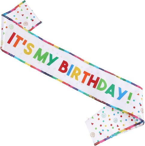 It's My Birthday Sash, White Satin with Rainbow Colorful Letters and Confetti Dots, Decorated with Polyester Beads for Girls and Women Bday Decorations in Saudi Arabia