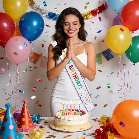It's My Birthday Sash, White Satin with Rainbow Colorful Letters and Confetti Dots, Decorated with Polyester Beads for Girls and Women Bday Decorations in Saudi Arabia