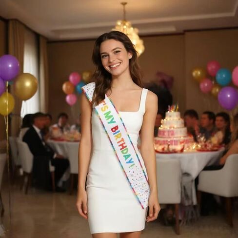 It's My Birthday Sash, White Satin with Rainbow Colorful Letters and Confetti Dots, Decorated with Polyester Beads for Girls and Women Bday Decorations in Saudi Arabia