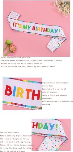 It's My Birthday Sash, White Satin with Rainbow Colorful Letters and Confetti Dots, Decorated with Polyester Beads for Girls and Women Bday Decorations in Saudi Arabia