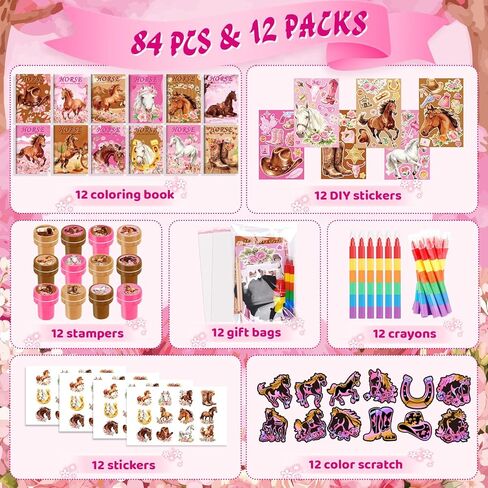 BenLouis 84 Pcs Horse Floral Party Favors Pink Cowgirl Coloring Books Bulk For Kids Girls Western Rodeo Birthday Gift Party Candy Goodie Bag Fillers Yee Haw Gift Decor Pinata Prize Activity Supplies in Kuwait