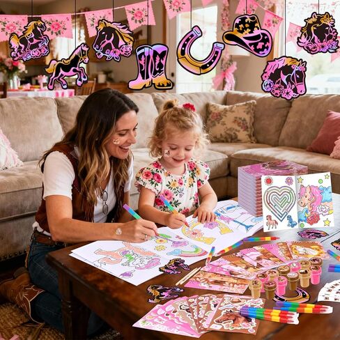 BenLouis 84 Pcs Horse Floral Party Favors Pink Cowgirl Coloring Books Bulk For Kids Girls Western Rodeo Birthday Gift Party Candy Goodie Bag Fillers Yee Haw Gift Decor Pinata Prize Activity Supplies in Kuwait