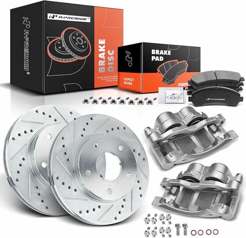 A-Premium Front Drilled and Slotted Disc Brake Rotors and Ceramic Pads Kit with Calipers Compatible with Chevrolet Blazer 1998-2005 S10 GMC Sonoma Jimmy Isuzu Hombre Oldsmobile Bravada 8-PC Set in Kuwait