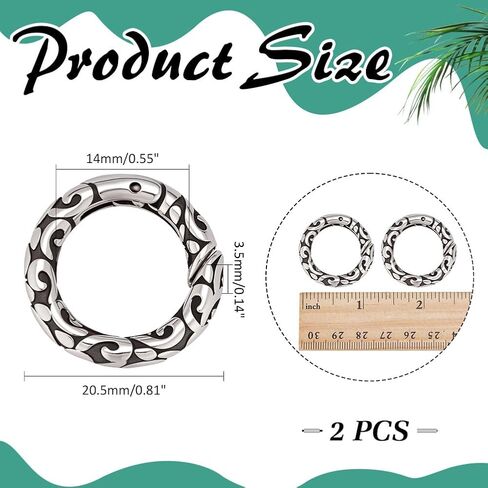 2Pcs Tibetan Style Spring Gate Rings 304 Stainless Steel O Ring Clips Snap Hooks with Pattern 20.5mm Carabiners Buckle Clasps for Bracelet Necklace Key Chains Jewelry Making in Saudi Arabia