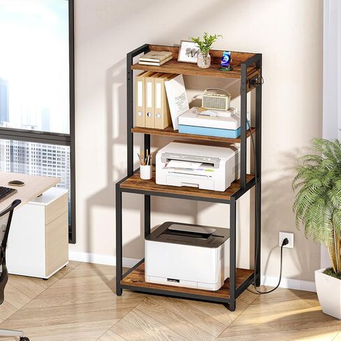 HOOBRO Printer Stand with Charging Station, 4-Tier Printer Table with Storage, Large Tall Printer Shelf, for Home Office, Kitchen, Living Room, Black and Rustic Brown BF13UPS01 in Kuwait