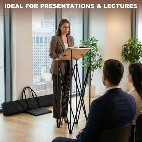 Portable Folding Lectern Podium Stand with Carrying Bag 47" Tall Angled Top Metal & Wood Mobile Floor Standing Podium Desk for Church Wedding Speech Officiant Speaker Pastor in Saudi Arabia