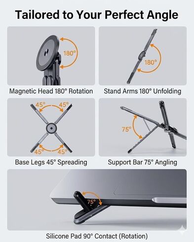 4-in-1 Foldable Laptop Stand, Magnetic Phone Holder & Multi-Angle Tablet Riser, 8-Level Ergonomic Height Adjustable Aluminum Travel Stand Compatible with MacBook, iPad, iPhone, Gunmetal Grey in Kuwait