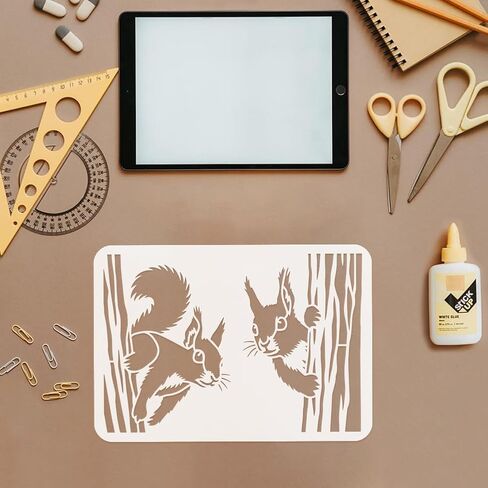 FINGERINSPIRE 2 Pcs Squirrels in The Forest in Different Poses Stencil with a 16cm Paint Brush, 11.7x8.3inch Reusable DIY Craft Stencils for Painting on Wall Wood Furniture Fabric in Kuwait