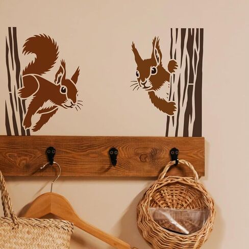 FINGERINSPIRE 2 Pcs Squirrels in The Forest in Different Poses Stencil with a 16cm Paint Brush, 11.7x8.3inch Reusable DIY Craft Stencils for Painting on Wall Wood Furniture Fabric in Kuwait