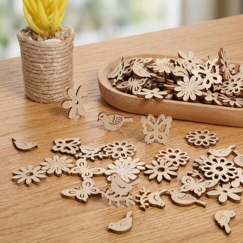 100 PCS Unfinished Wooden Flower, Mini Wooden Handmade Decoration Flowers Leaf Pattern Wood Pieces Woods Blocks for Craft Flower Wood Cutouts Pieces Craft Supplies Piece Scrapbook Embellishments in Kuwait
