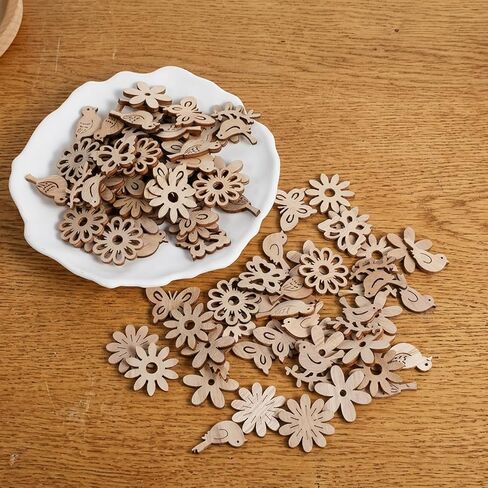 100 PCS Unfinished Wooden Flower, Mini Wooden Handmade Decoration Flowers Leaf Pattern Wood Pieces Woods Blocks for Craft Flower Wood Cutouts Pieces Craft Supplies Piece Scrapbook Embellishments in Kuwait