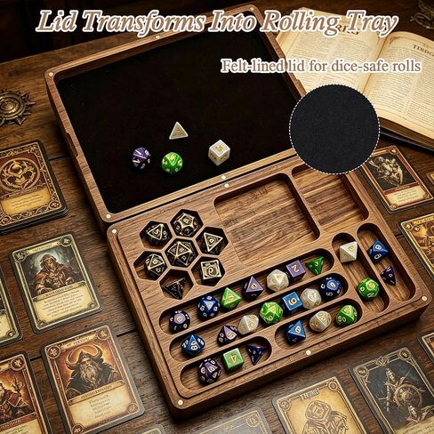 DND Dice Box with Rolling Tray - Solid Acacia Wood Magnetic Closure Storage Case for 8-10 Sets, Portable Travel Dice Holder Compatible with Standard & Metal Dice - DND Dice Box, Wooden Dice Tray in Saudi Arabia