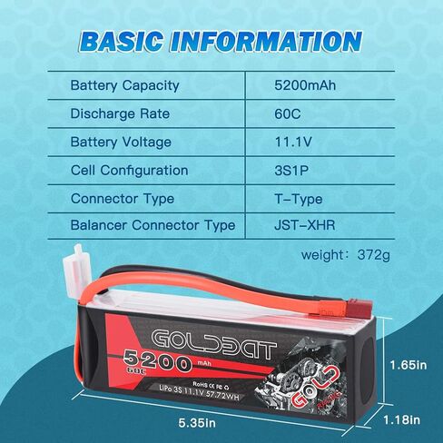 GOLDBAT 5200mAh 60C 11.1V 3S Lipo RC Short Battery with T Connector Softcase Pack for RC Car Truck Quadcopter Airplane Helicopter Boat in Kuwait