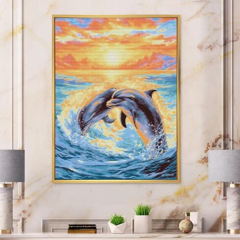 MIJVFNB Dolphins Cross Stitch Kits for Beginners Stamped Cross-Stitch Supplies Needlework DIY 11CT 3 Strands Cotton Thread Printed DIY Needlepoint Kits 12x16 inch in Kuwait