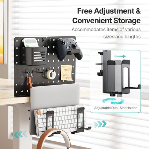 PEGZONE Desk Side Storage, 2-Slot Under Desk Laptop Holder, Vertical Laptop Stand with Headphone Holder and Pegboard Accessories, Desk Organizer for Office Gaming, Black in Kuwait