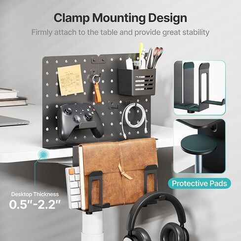 PEGZONE Desk Side Storage, 2-Slot Under Desk Laptop Holder, Vertical Laptop Stand with Headphone Holder and Pegboard Accessories, Desk Organizer for Office Gaming, Black in Kuwait