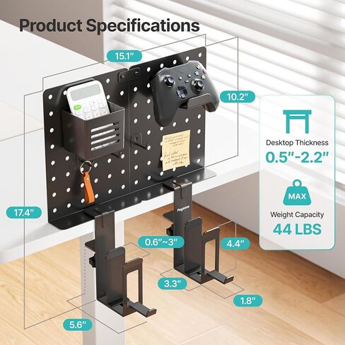 PEGZONE Desk Side Storage, 2-Slot Under Desk Laptop Holder, Vertical Laptop Stand with Headphone Holder and Pegboard Accessories, Desk Organizer for Office Gaming, Black in Kuwait