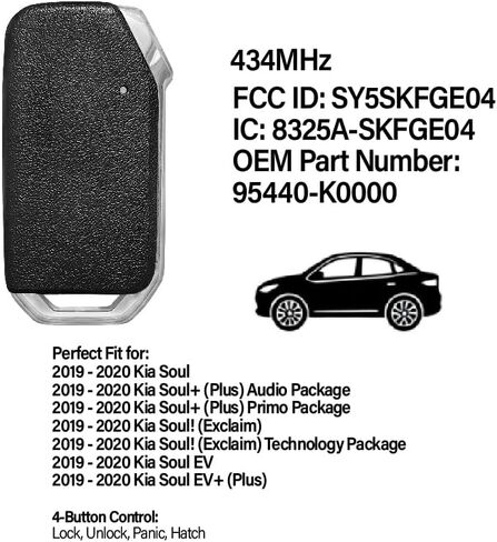 Car Key Fob Remote Keyless Entry Control SY5SKFGE04 434MHz 4 Button Replacement for 2019 2020 Kia Soul EV Audio Package in Kuwait