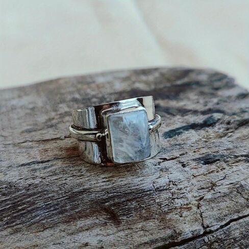 [Moonstone Ring] Retro Boho Wide Band Moonstone Silvery Ring for Women Men | Unique Statement Daily Vacation Jewelry Birthday Gift Her in Saudi Arabia