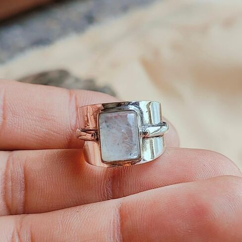 [Moonstone Ring] Retro Boho Wide Band Moonstone Silvery Ring for Women Men | Unique Statement Daily Vacation Jewelry Birthday Gift Her in Saudi Arabia