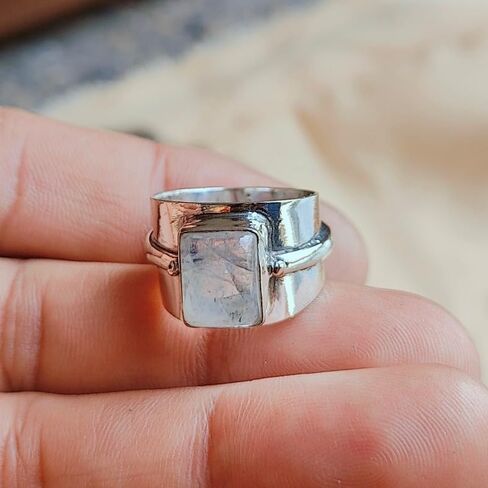 [Moonstone Ring] Retro Boho Wide Band Moonstone Silvery Ring for Women Men | Unique Statement Daily Vacation Jewelry Birthday Gift Her in Saudi Arabia