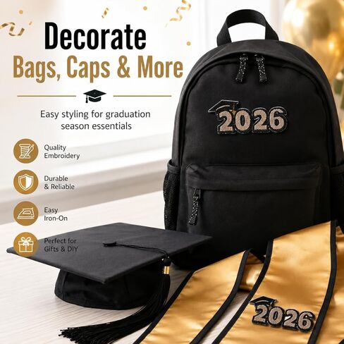Garneck 8pcs 2026 Graduation Iron On Patches: Embroidered Grad Applique Sew On Patch Set for Class of 2026 Senior Clothes Hat Backpack Jeans Cap Gown Stole Lei Dress Decor in Kuwait