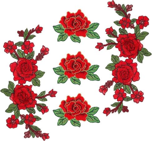 5pcs Rose Flower Embroidered Patches, Applique Sewing Patches, Patches for Arts Crafts DIY Decor, Red Flower Fabric Patches for Jeans DIY Crafts Making Bags Craft Decoration Jackets Dress in Saudi Arabia