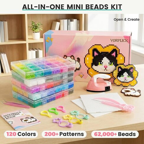 Fuse Beads Kit-120 Colors 62000 2.6mm-Easy DIY, Built-in Iron | DIY Crafts Supplies for Women, Great Supplies for Fuse Beads Artist, Art Decorations for Room, Ideal Gift,Pixel Art，All-in-One (A Set) in Kuwait