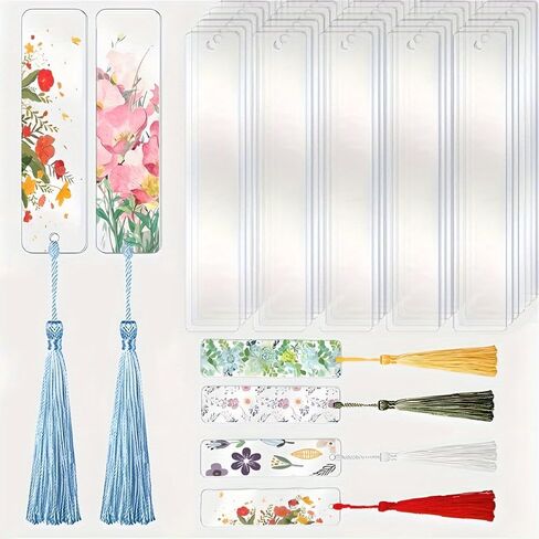 60 PCS Acrylic Blank Labels, Including 30 Rectangular Clear Acrylic Sheets, 30 Tassels, Blank Label Decorations, Bookmarks with Tassels, Bookmark Label Keychains, Hole-Punched Designs in Kuwait