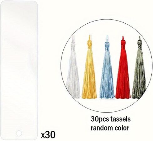 60 PCS Acrylic Blank Labels, Including 30 Rectangular Clear Acrylic Sheets, 30 Tassels, Blank Label Decorations, Bookmarks with Tassels, Bookmark Label Keychains, Hole-Punched Designs in Kuwait
