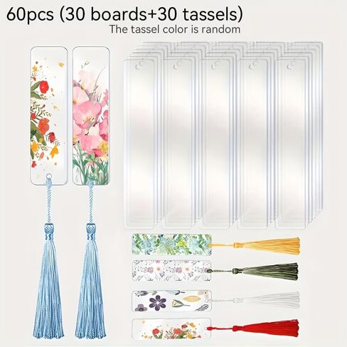 60 PCS Acrylic Blank Labels, Including 30 Rectangular Clear Acrylic Sheets, 30 Tassels, Blank Label Decorations, Bookmarks with Tassels, Bookmark Label Keychains, Hole-Punched Designs in Kuwait