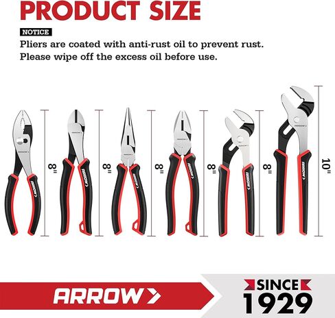 ARROW 6PCS Pliers Set, 8" Long Nose, Diagonal Cutting, Linesman, Slip Joint, 8" & 10" Groove Joint, Dual-Color Non-Slip Handle, Carbon Steel, for DIY, Home Repair & Maintenance in Kuwait