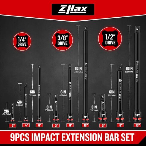 ZAHX 9 Pieces Impact Extension Bar Set, 1/4", 3/8" and 1/2" Drive Socket Extension, Embossed Size Marking, CR-MO Steel for Auto Repair in Kuwait