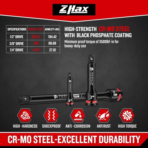 ZAHX 9 Pieces Impact Extension Bar Set, 1/4", 3/8" and 1/2" Drive Socket Extension, Embossed Size Marking, CR-MO Steel for Auto Repair in Kuwait
