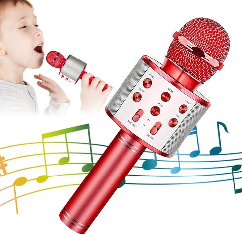 Wireless Bluetooth Karaoke Microphone for Kids, 5-in-1 Portable Handheld Karaoke Mic Speaker Player Recorder with Adjustable Remix FM Radio for Kids Girls Boys Teens Birthday (Red) in Saudi Arabia