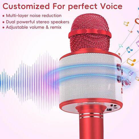 Wireless Bluetooth Karaoke Microphone for Kids, 5-in-1 Portable Handheld Karaoke Mic Speaker Player Recorder with Adjustable Remix FM Radio for Kids Girls Boys Teens Birthday (Red) in Saudi Arabia