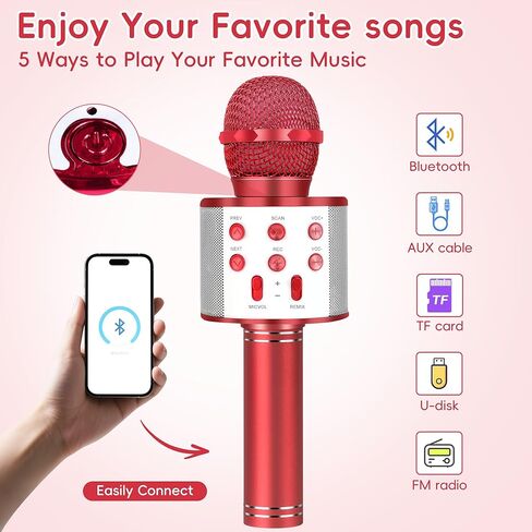 Wireless Bluetooth Karaoke Microphone for Kids, 5-in-1 Portable Handheld Karaoke Mic Speaker Player Recorder with Adjustable Remix FM Radio for Kids Girls Boys Teens Birthday (Red) in Saudi Arabia